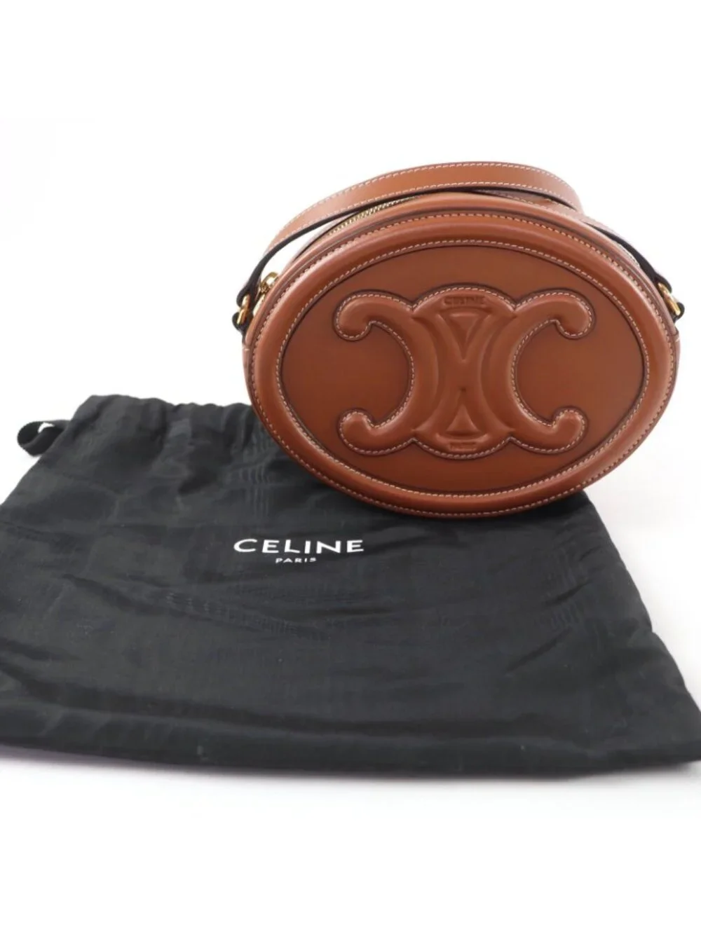 Celine Cuir Triomphe Oval Pass Leather Shoulder Bag Tan - Picture 2 of 12